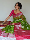 Banarasee Organza Mix Saree With Silver Zari Buta Design Saree-Green & Pink