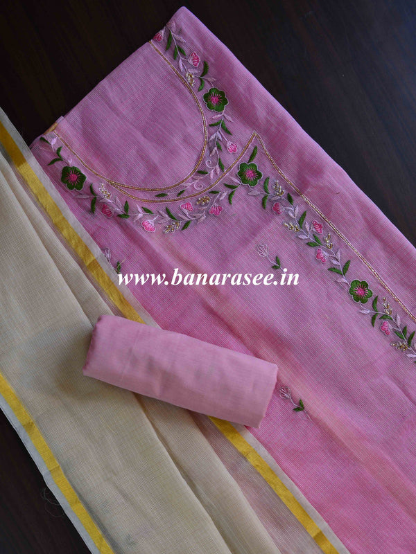 Kota Doria Hand-Embroidered Salwar Kameez Dupatta Set-Pink & White