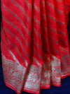 Banarasee Faux Georgette Saree With Zari Stripes Design & Floral Border-Red