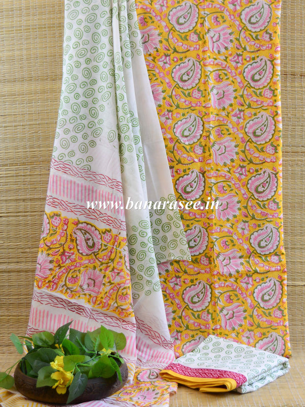 Handloom Mul Cotton Handblock Printed Suit Set-White & Yellow