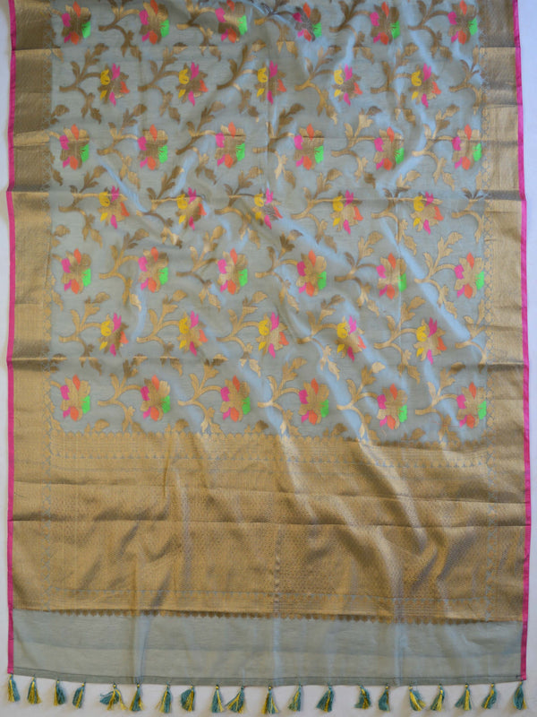 Banarasee Handloom Chanderi Cotton Resham Jaal Antique Gold Zari Saree-Grey