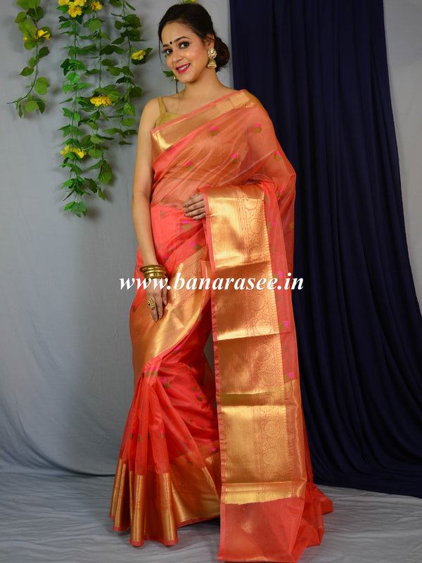 Banarasee Organza Mix Saree With Embroidery Work & Zari Border-Peach