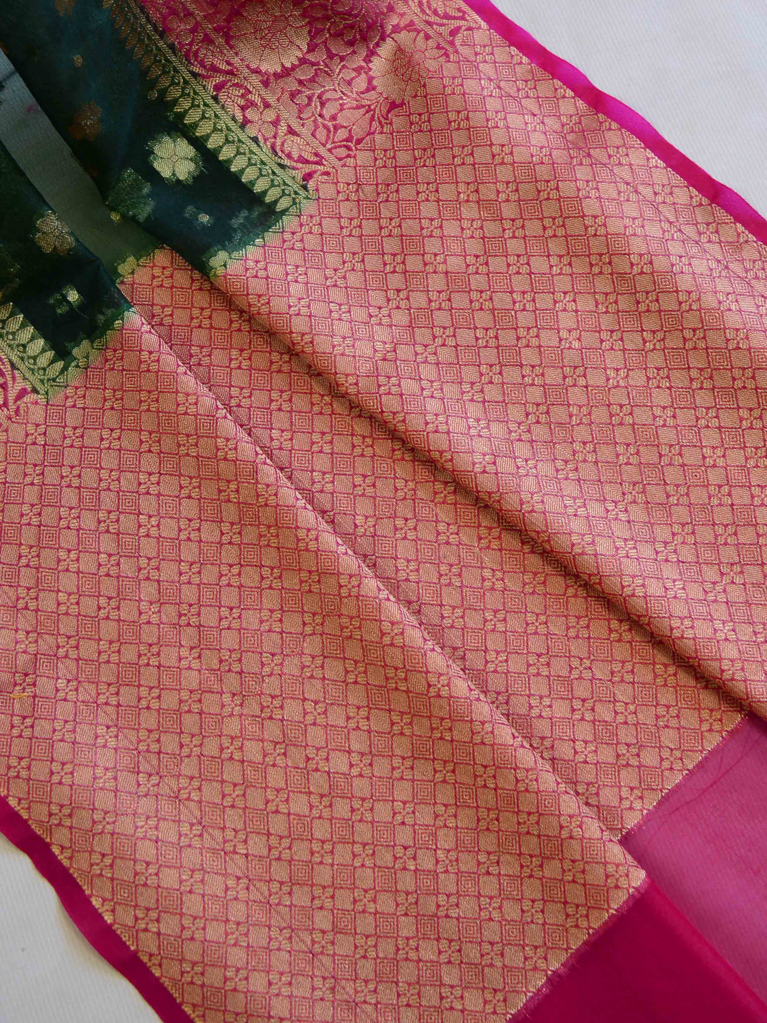 Banarasee Organza Mix Saree With Buti Design & Broad Border-Green & Pink