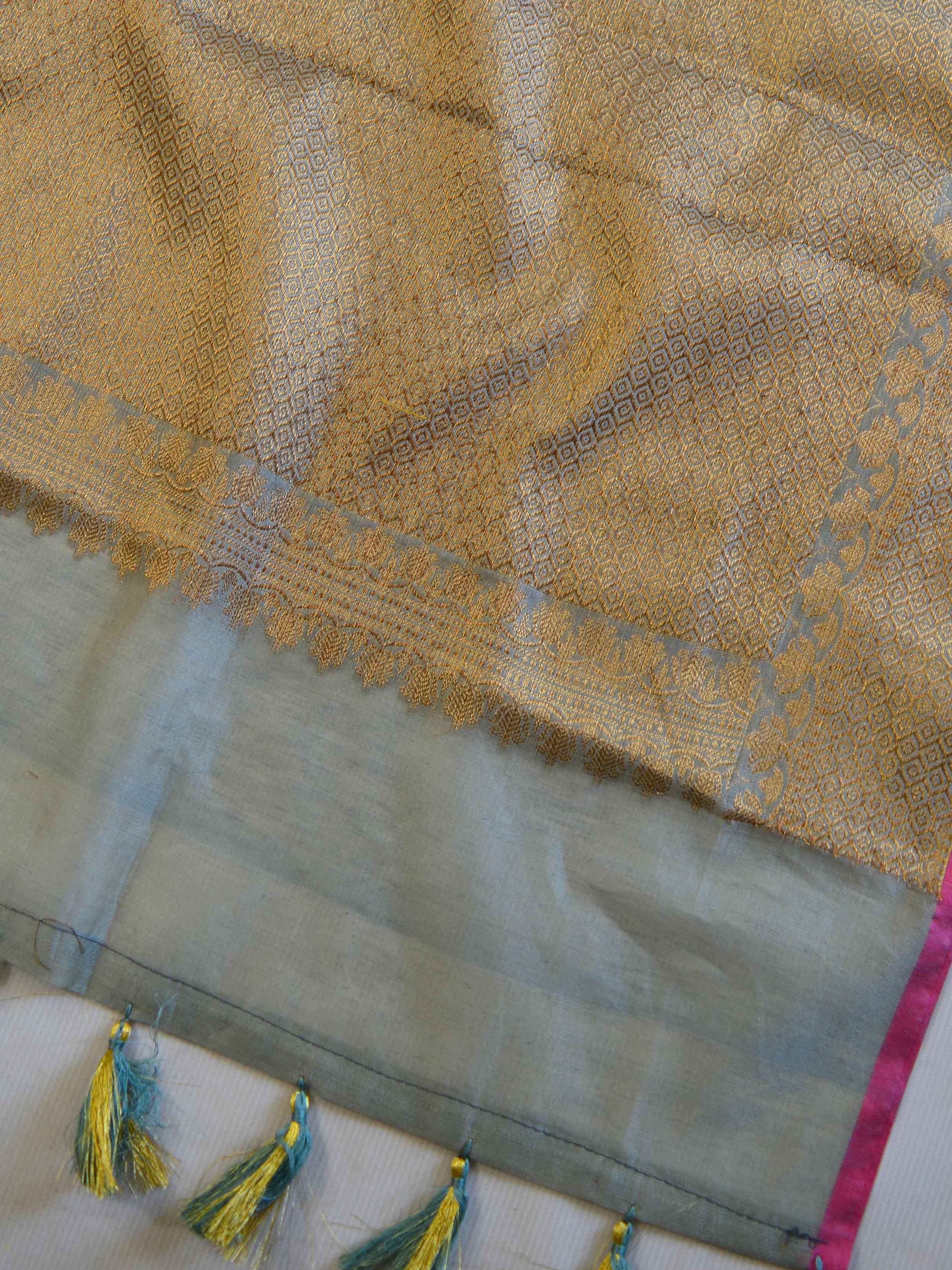 Banarasee Handloom Chanderi Cotton Resham Jaal Antique Gold Zari Saree-Grey