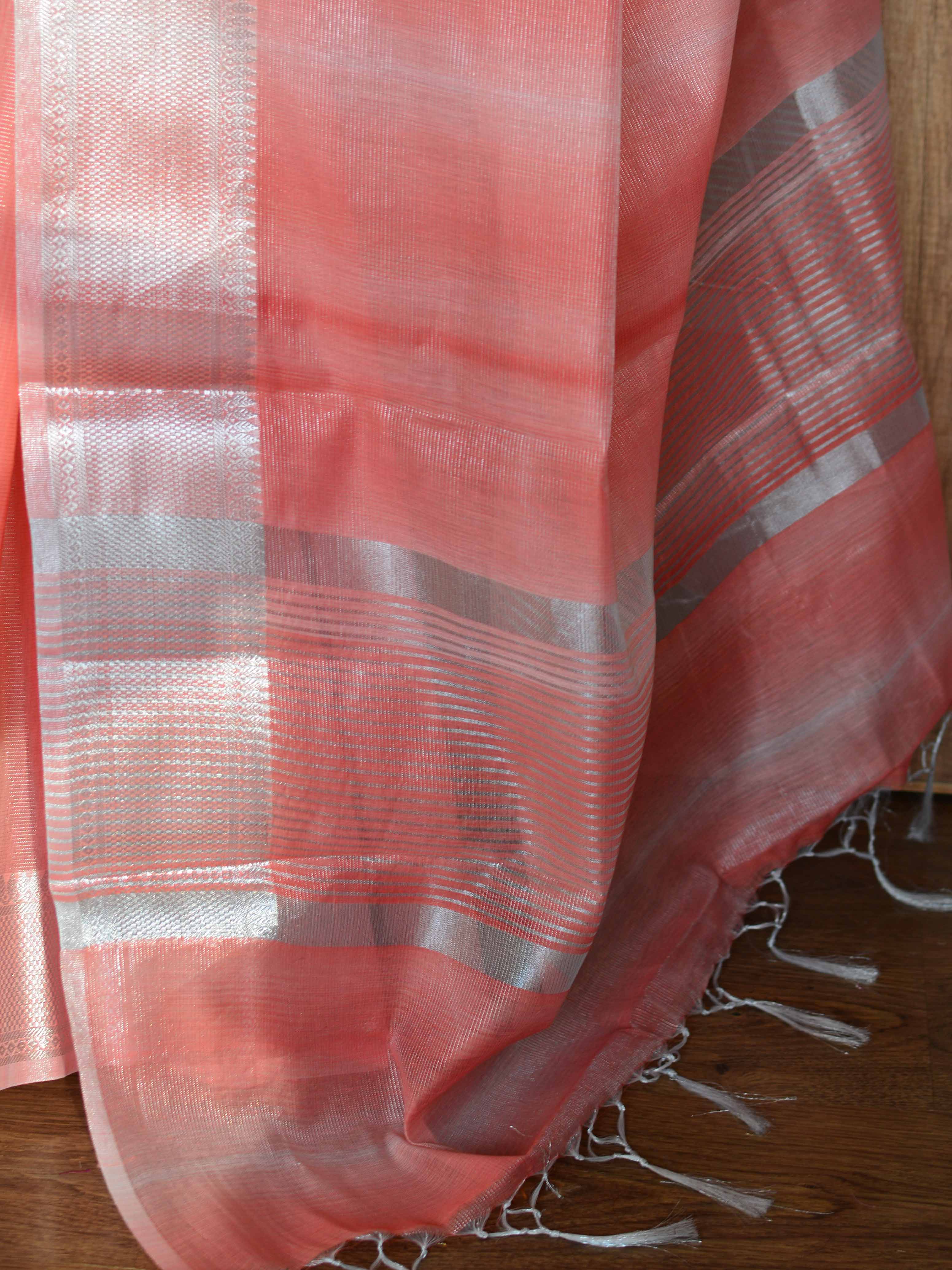 Banarasee Handwoven Shaded Tissue Saree With Silver Zari Border-Peach