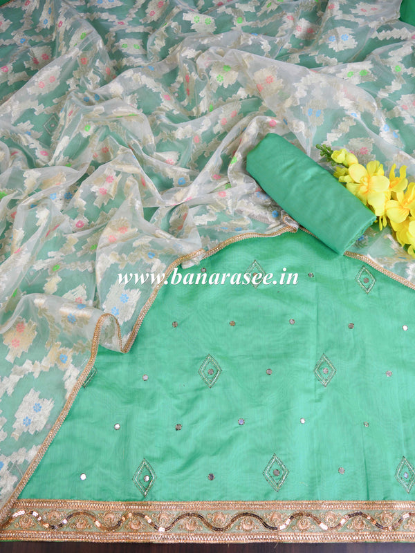 Banarasee Chanderi Cotton Embroidery Salwar Kameez With Organza Dupatta Set-Green & White