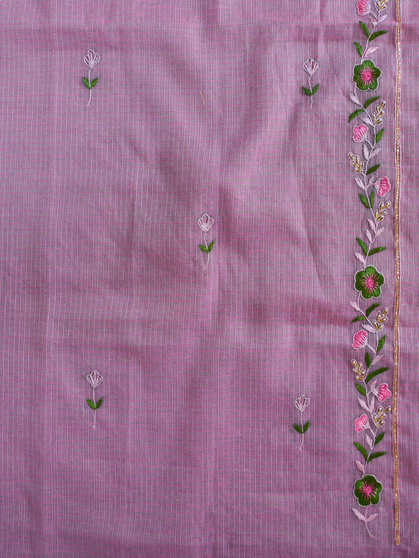 Kota Doria Hand-Embroidered Salwar Kameez Dupatta Set-Pink & White