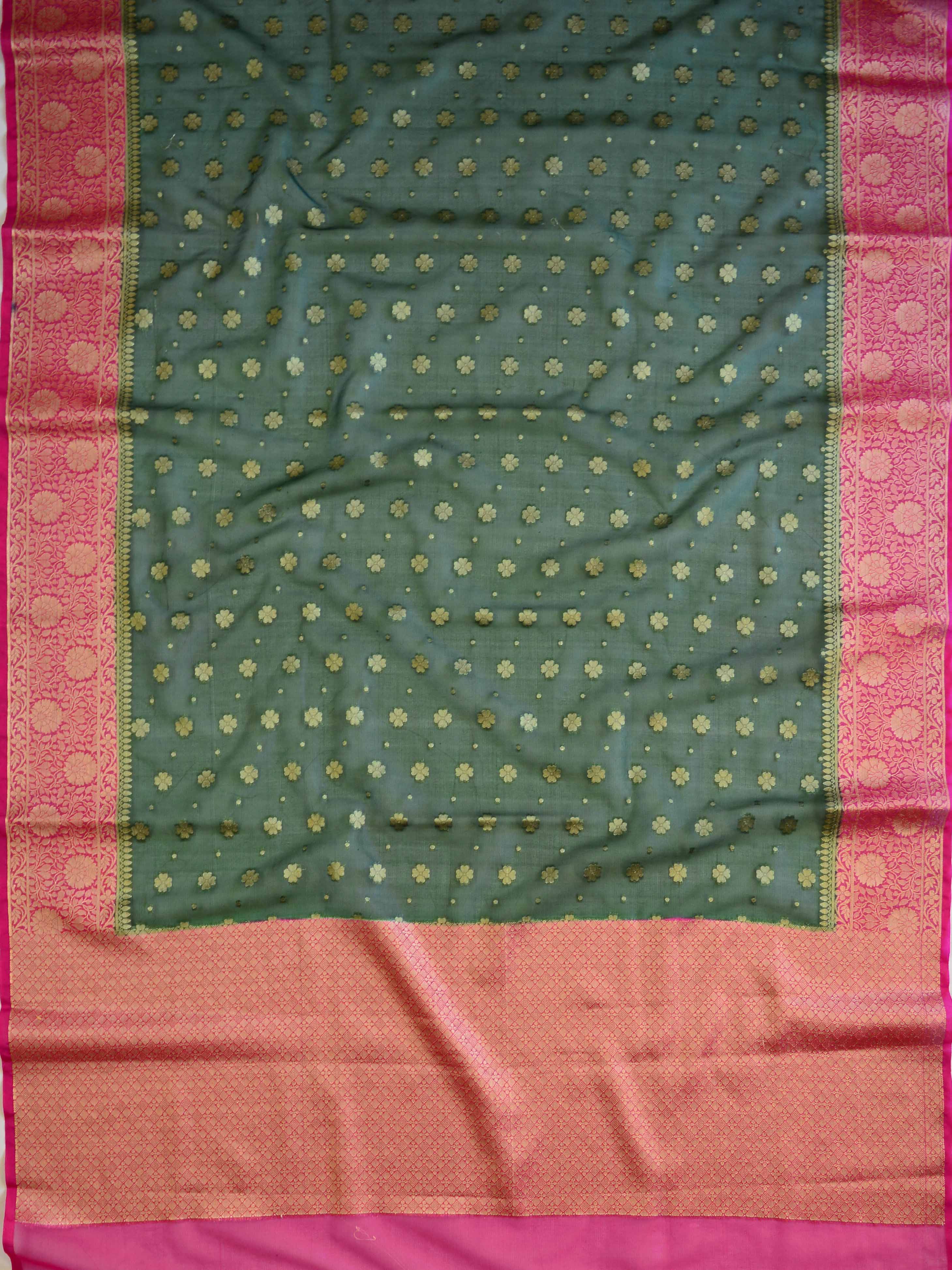 Banarasee Organza Mix Saree With Buti Design & Broad Border-Green & Pink