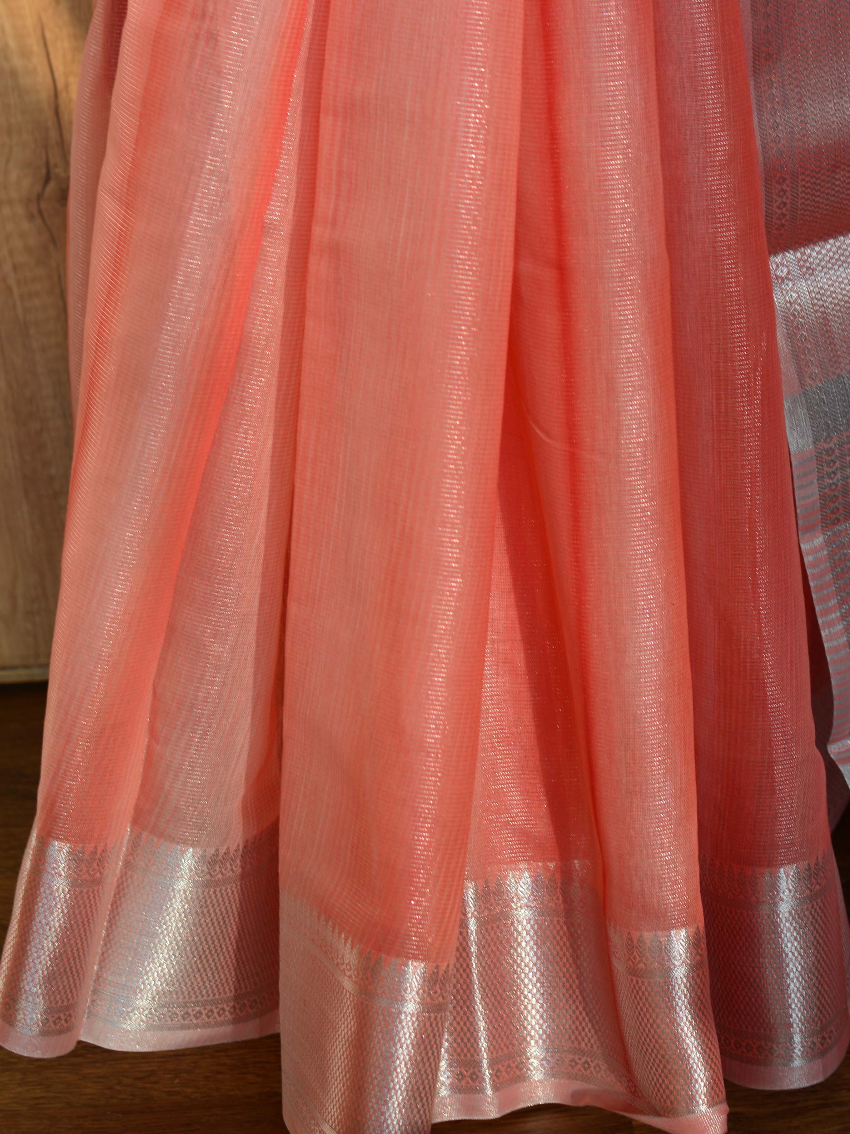 Banarasee Handwoven Shaded Tissue Saree With Silver Zari Border-Peach