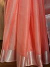 Banarasee Handwoven Shaded Tissue Saree With Silver Zari Border-Peach