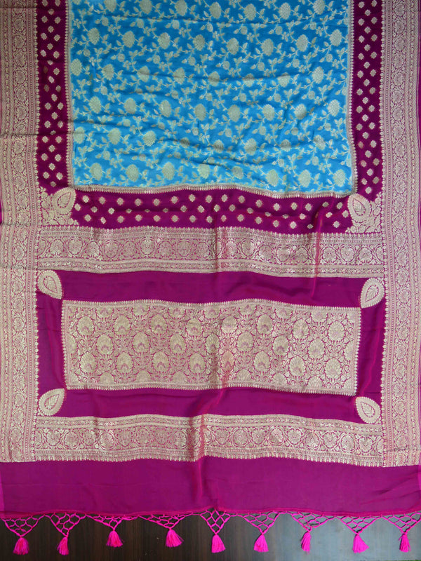 Banarasee Pure Khaddi Chiffon Silk Sari With Buta Design & Contrast Border & Koniya Pallu-Powder Blue & Pink