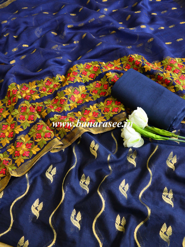 Banarasee Handwoven Zari Motif Semi-Silk Salwar Kameez Fabric & Pure Silk Embroidered Dupatta-Blue