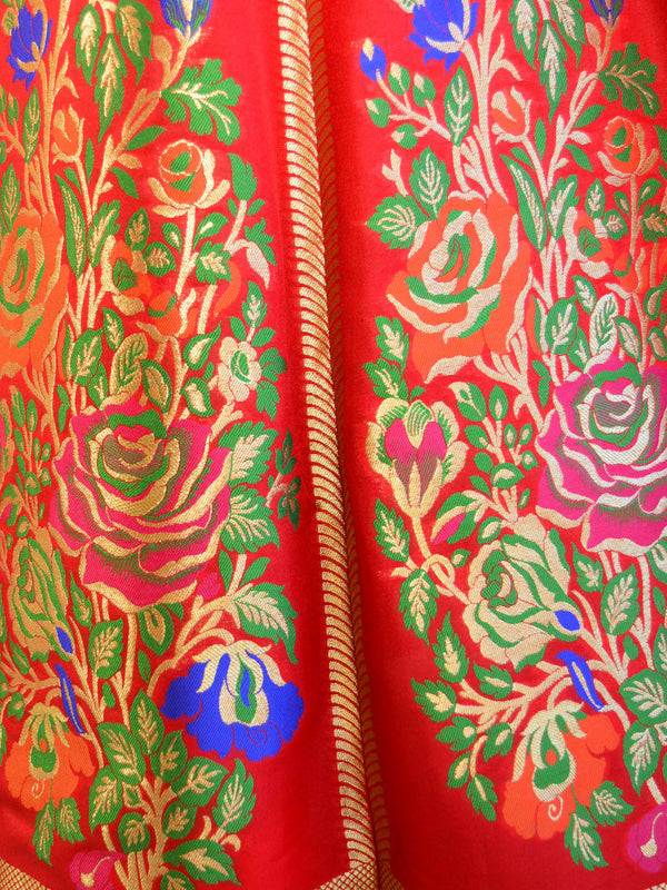 Banarasee Handwoven Art Silk Unstitched Lehenga & Blouse Fabric With Meena Work-Red