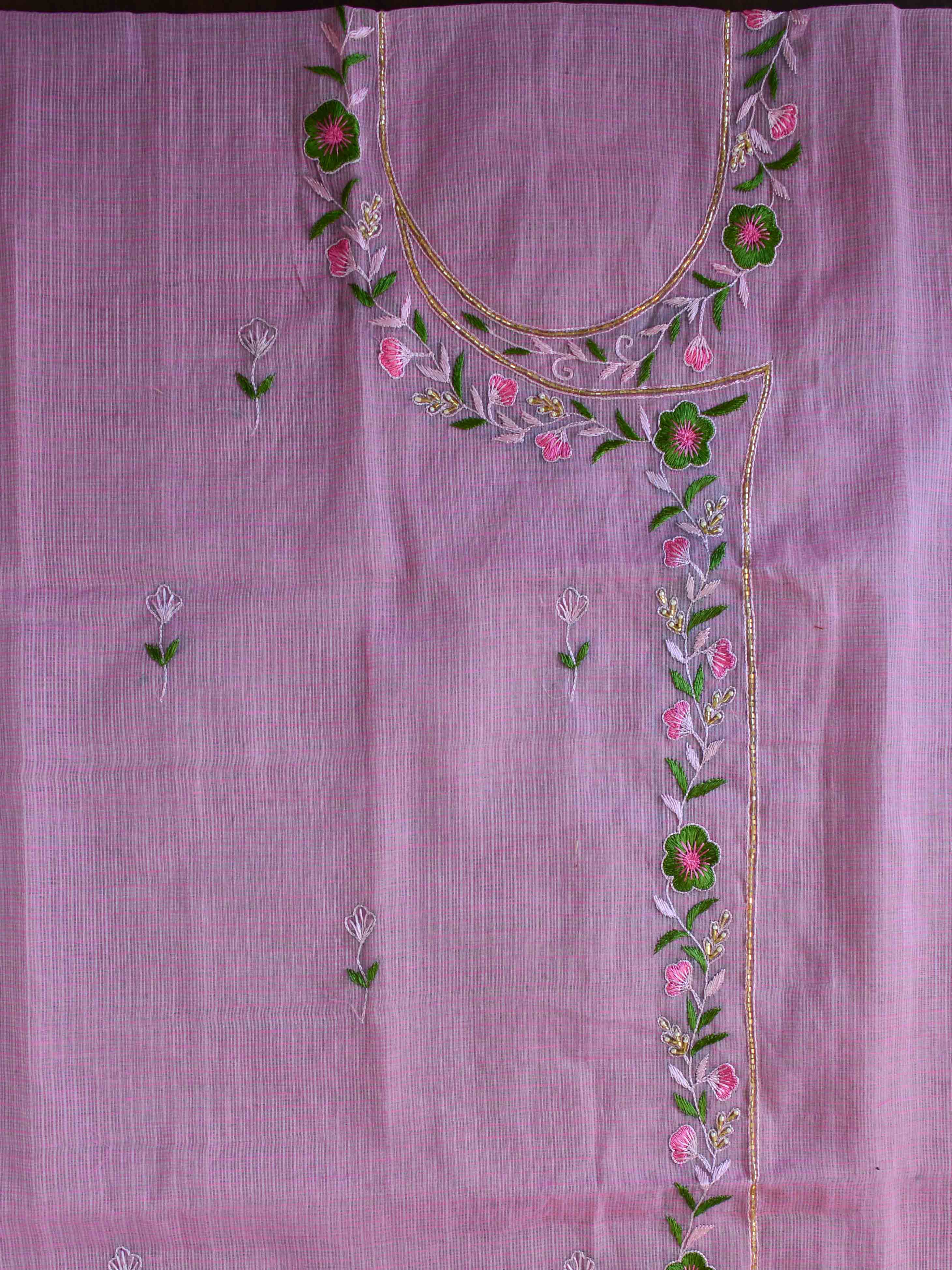 Kota Doria Hand-Embroidered Salwar Kameez Dupatta Set-Pink & White