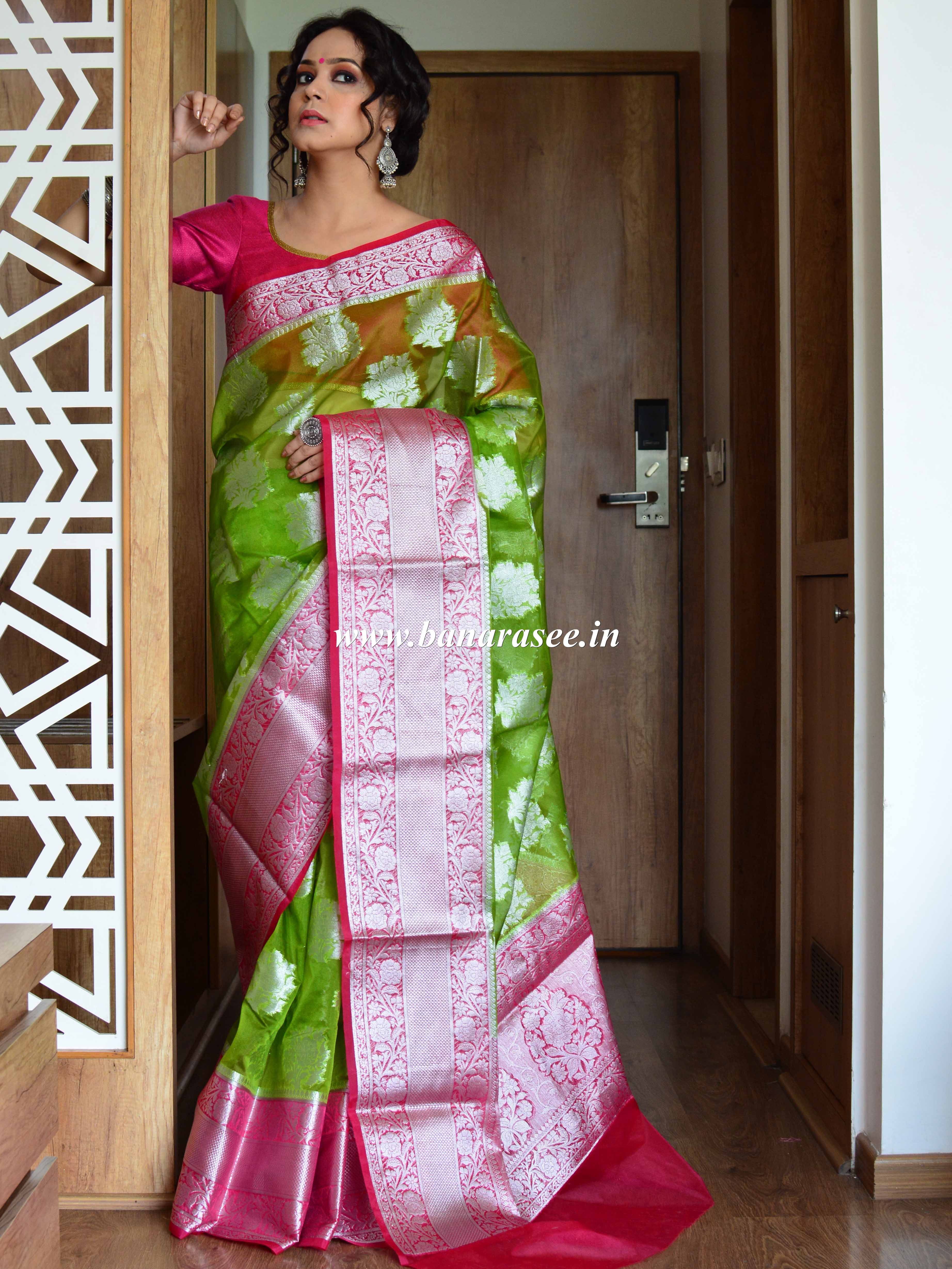 Banarasee Organza Mix Saree With Silver Zari Buta Design Saree-Green & Pink