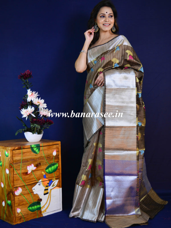 Banarasee Cotton Silk Mix Banswada Sari With Floral Buta & Skirt Border-Brown