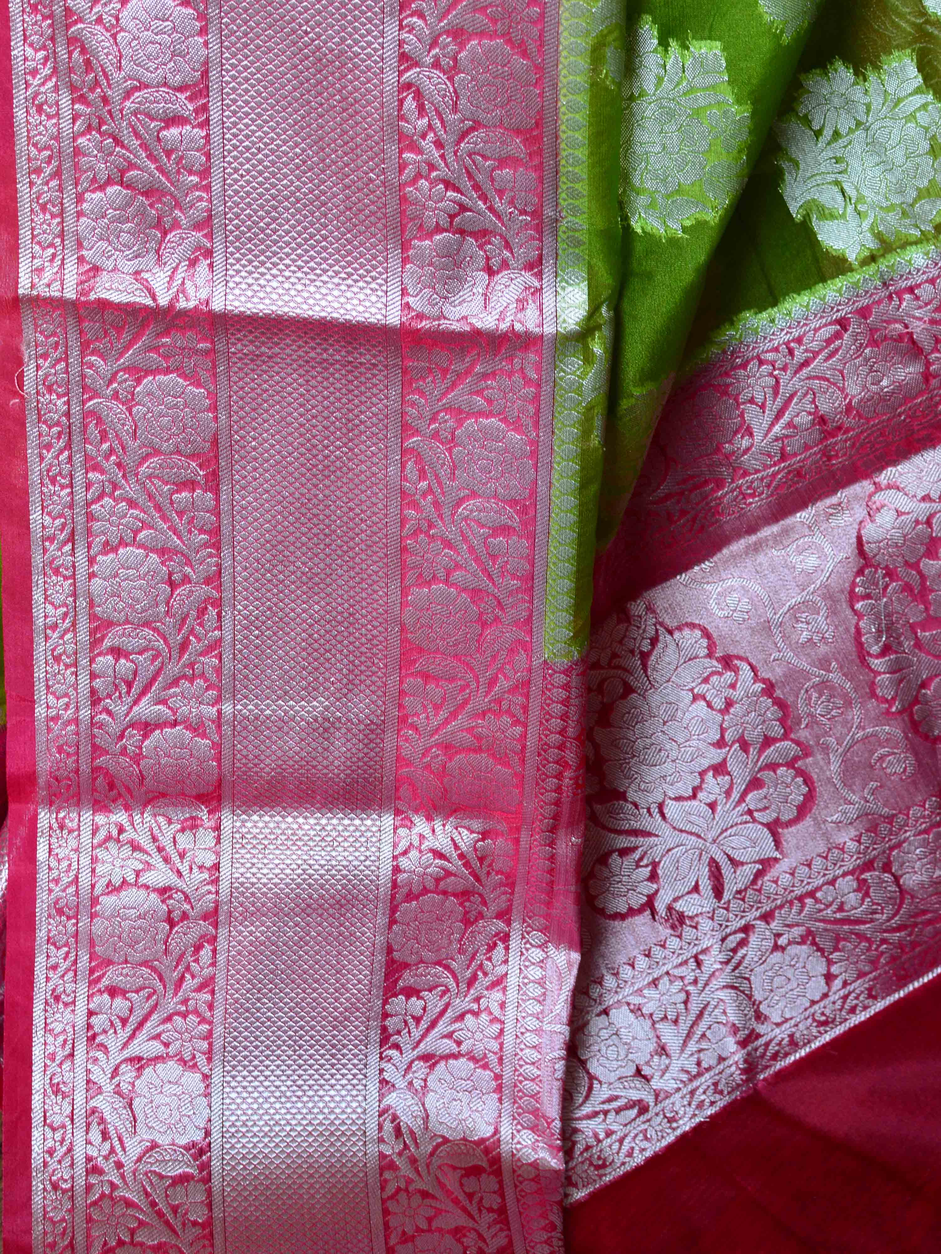 Banarasee Organza Mix Saree With Silver Zari Buta Design Saree-Green & Pink