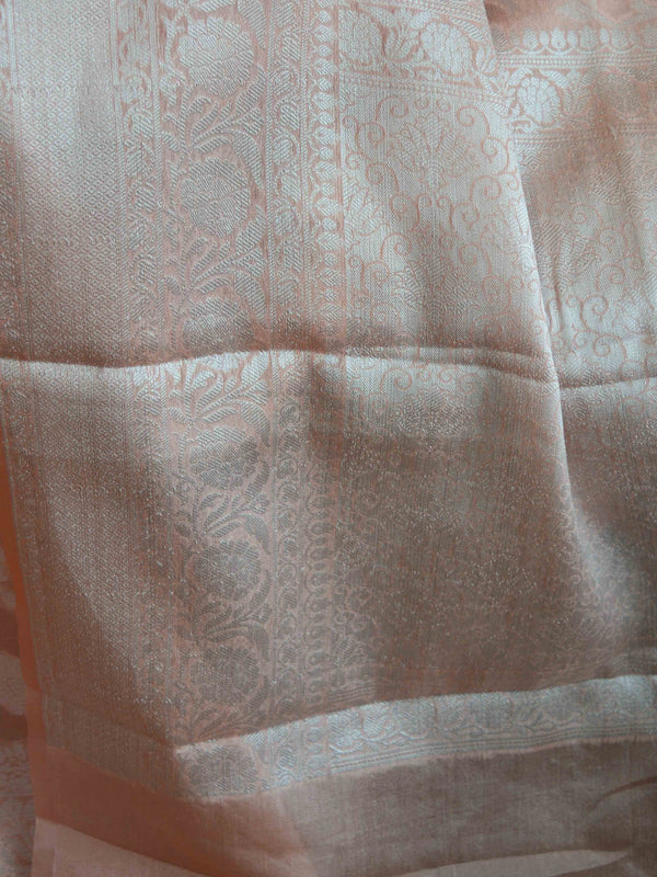 Banarasee Handwoven Semi-Chiffon Saree With Silver Zari Jaal-Peach