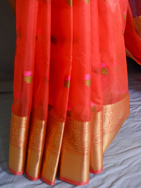 Banarasee Organza Mix Saree With Embroidery Work & Zari Border-Peach