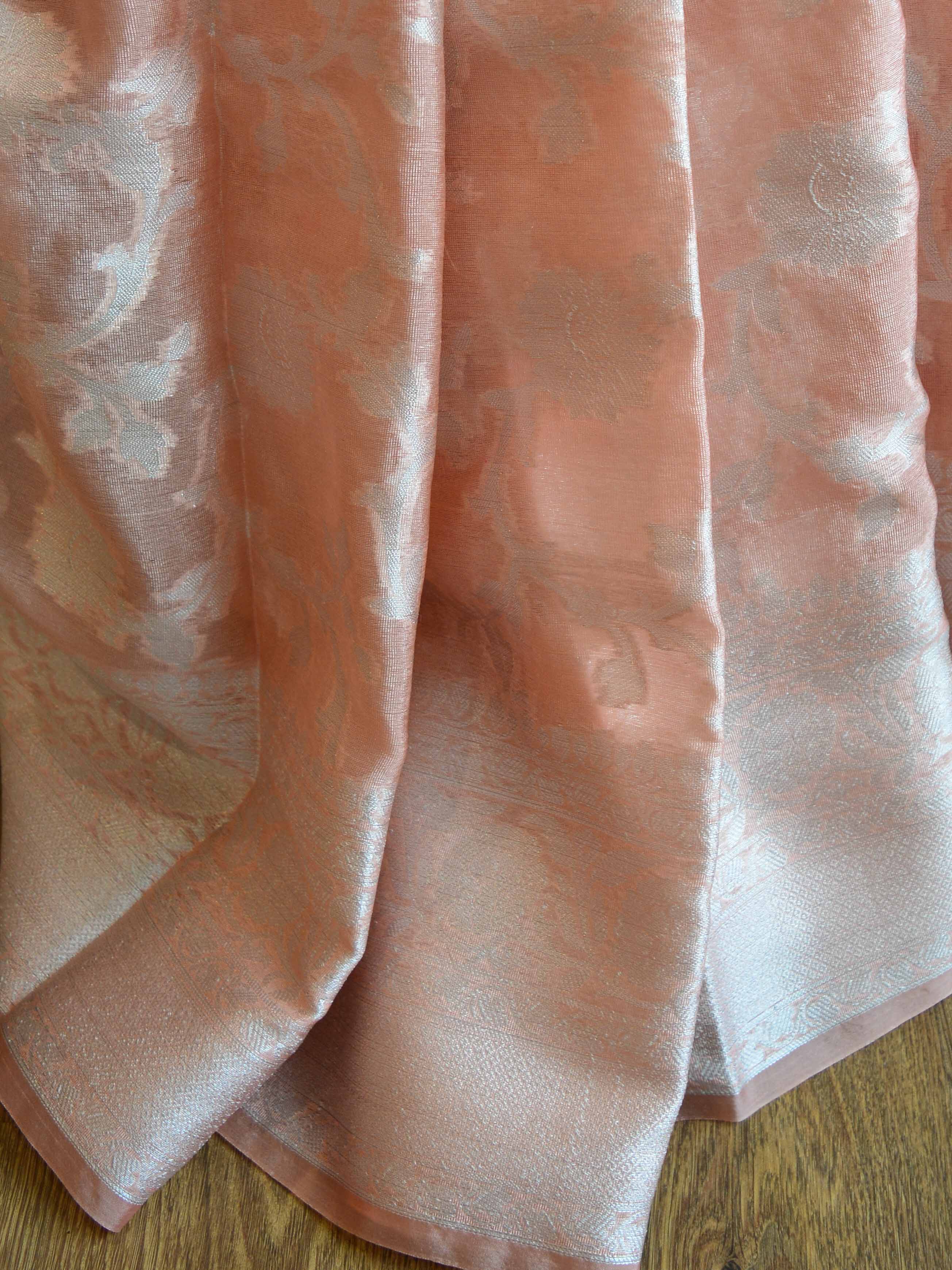 Banarasee Handwoven Semi-Chiffon Saree With Silver Zari Jaal-Peach