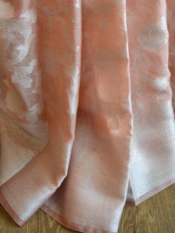 Banarasee Handwoven Semi-Chiffon Saree With Silver Zari Jaal-Peach