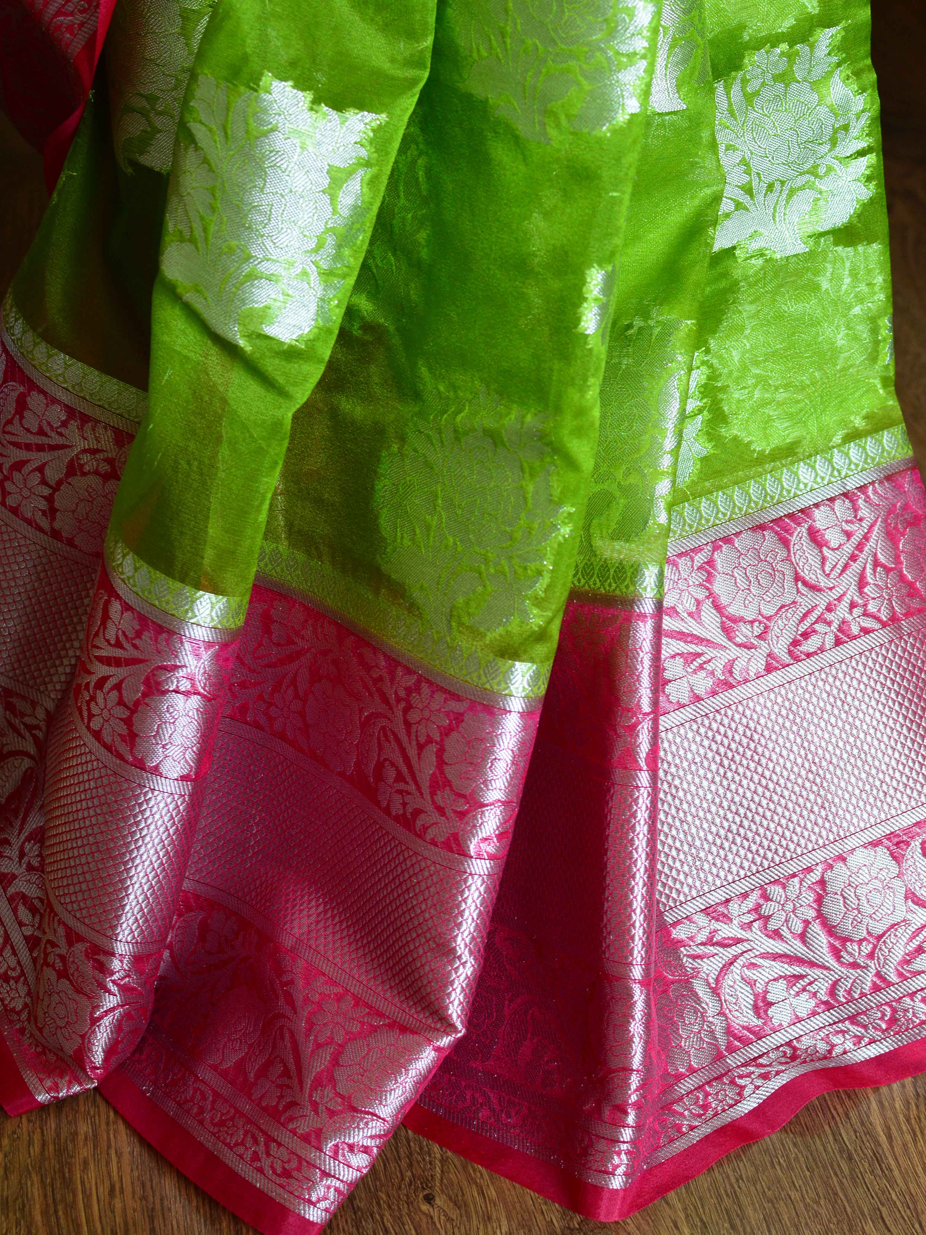 Banarasee Organza Mix Saree With Silver Zari Buta Design Saree-Green & Pink