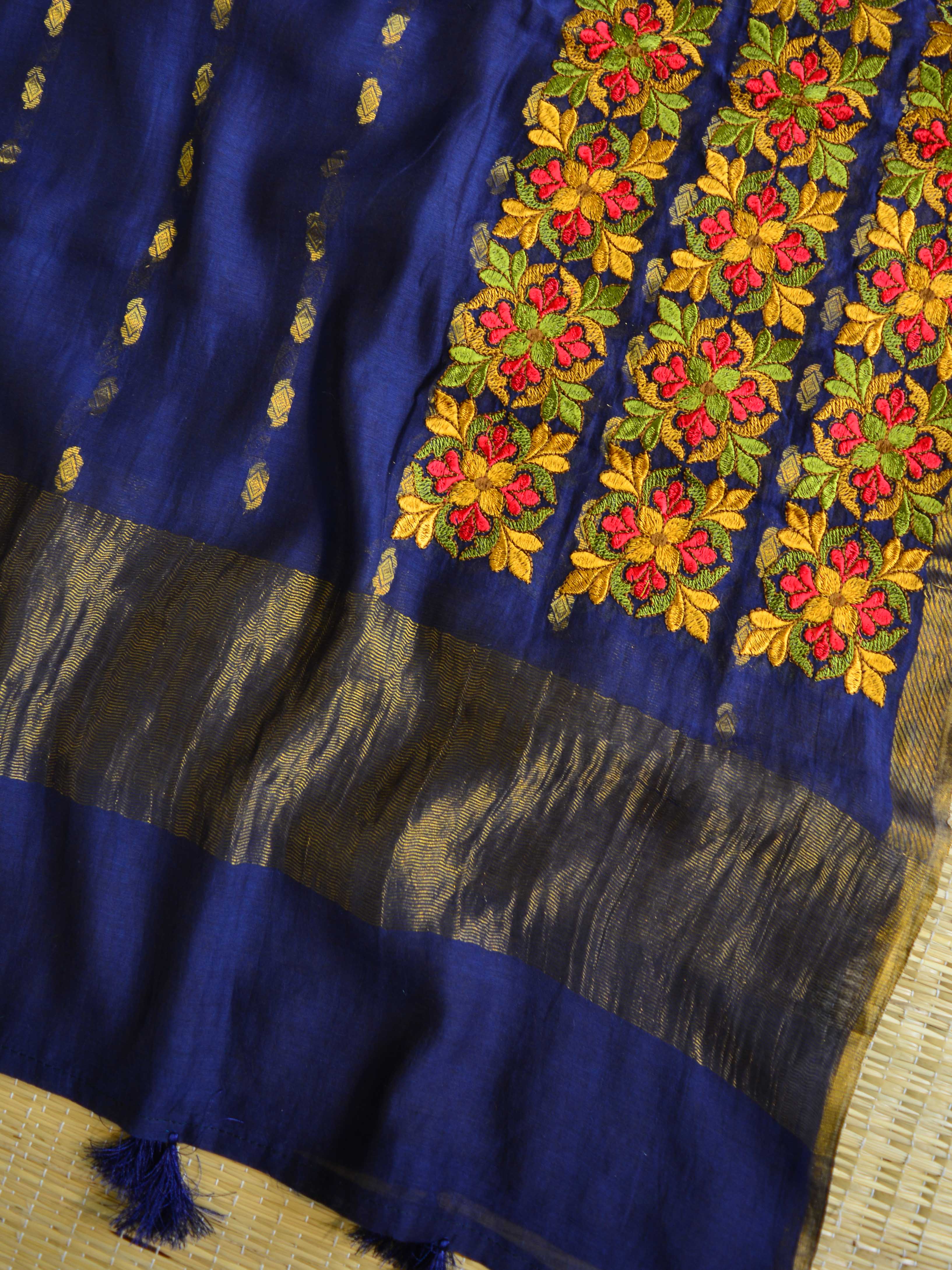 Banarasee Handwoven Zari Motif Semi-Silk Salwar Kameez Fabric & Pure Silk Embroidered Dupatta-Blue