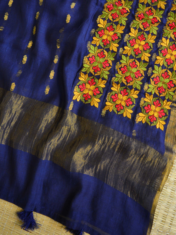 Banarasee Handwoven Zari Motif Semi-Silk Salwar Kameez Fabric & Pure Silk Embroidered Dupatta-Blue