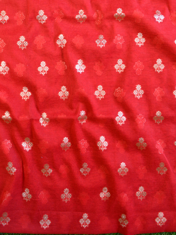 Banarasee Handloom Chanderi Cotton Zari Work Salwar Kameez Dupatta Set-White & Red