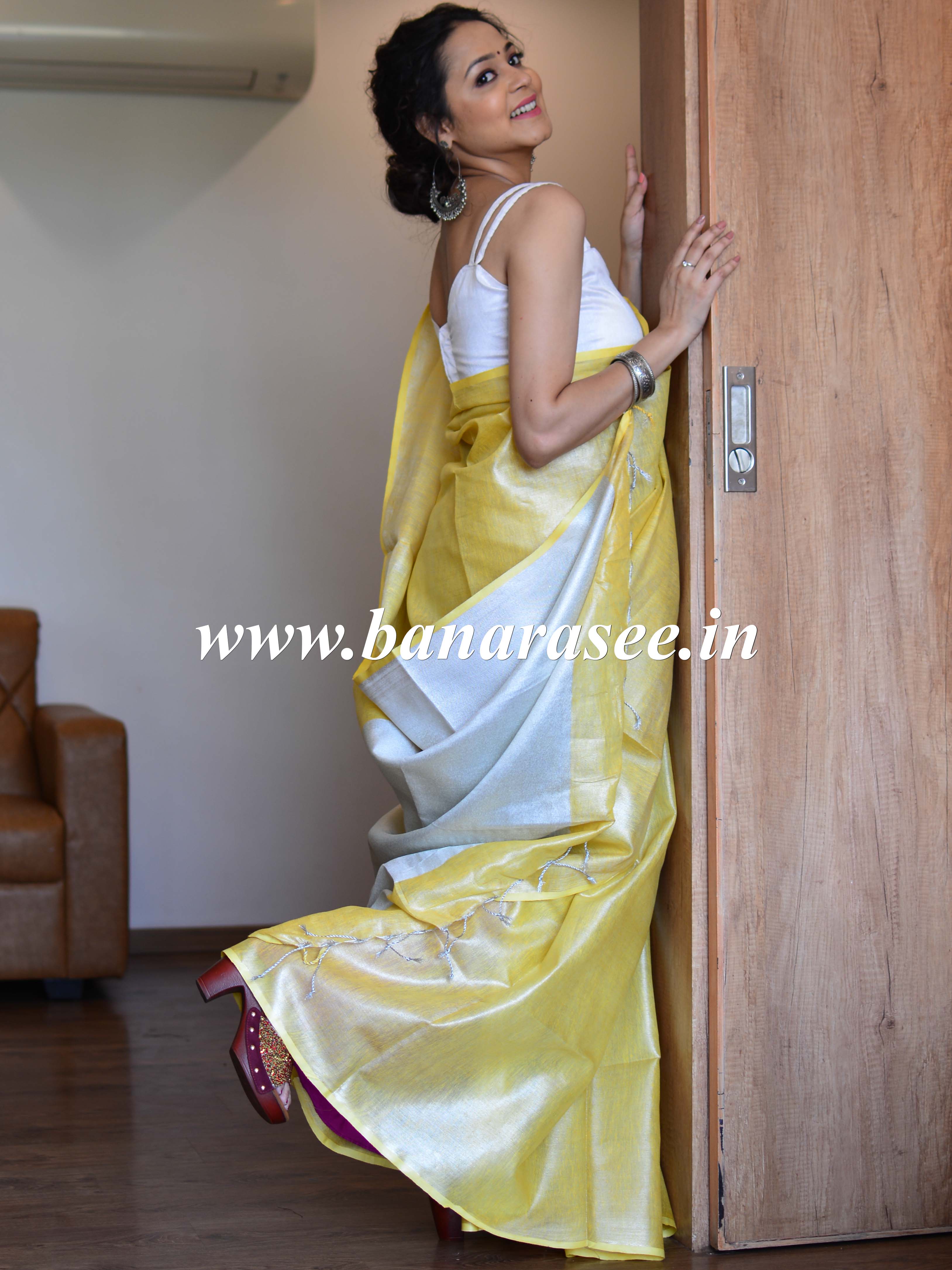 Banarasee Handloom Pure Linen By Tissue Saree-Yellow