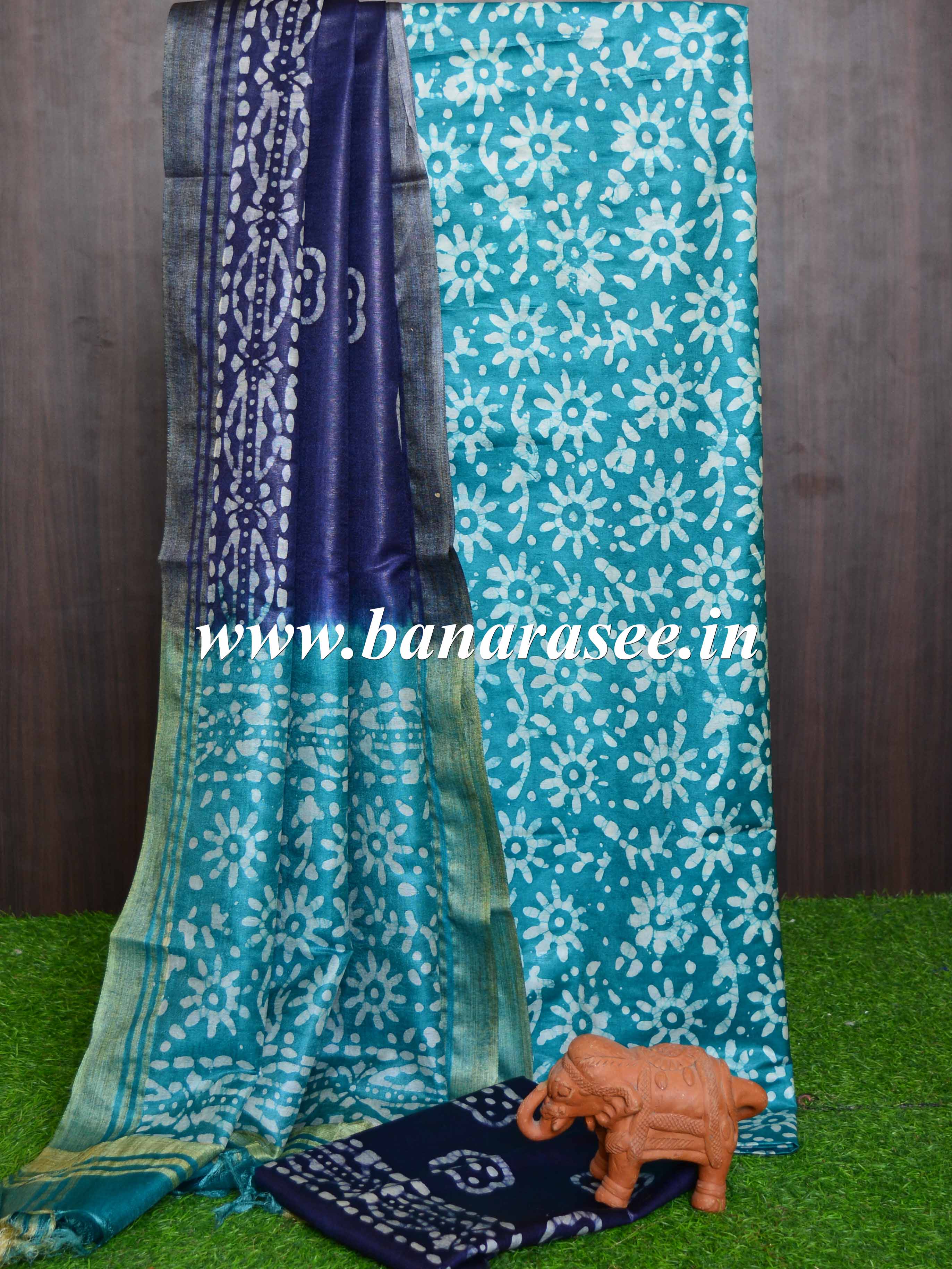 Handloom Khadi Cotton Hand-Dyed Batik Pattern Salwar Kameez Dupatta Set-Green & Blue