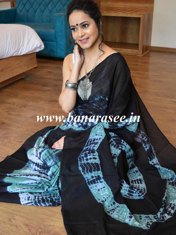 Handloom Linen Cotton Shibori Dyed Saree-Black