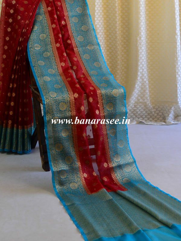Banarasee Organza Mix Saree With Buti Design & Broad Border-Rust & Blue