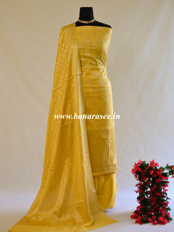 Banarasee Salwar Kameez Cotton Silk Gold Zari Buti Woven Fabric-Pastel Yellow