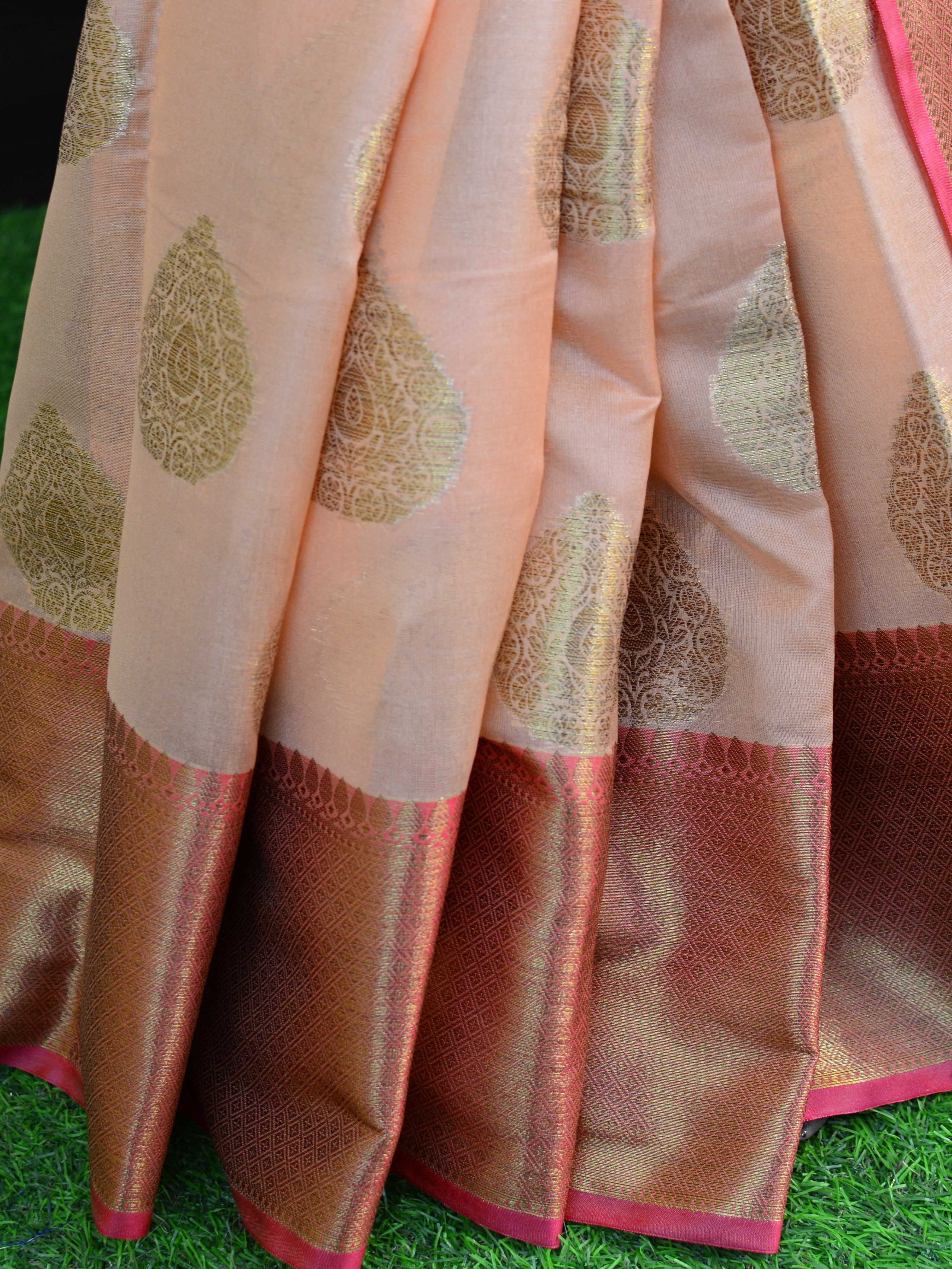 Banarasee Cotton Silk Mix Saree With Antique Zari Buta Design-Peach