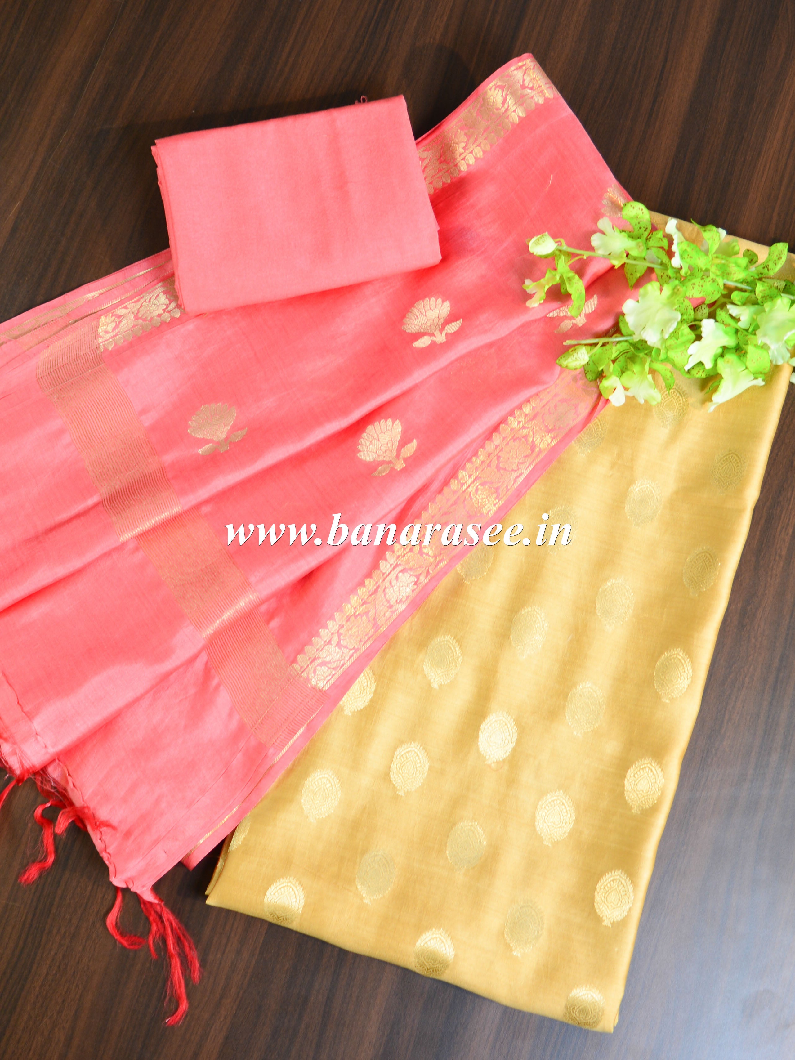 Banarasee Handloom Pure Silk Zari Buti Salwar Kameez Fabric With Dupatta-Beige & Peach