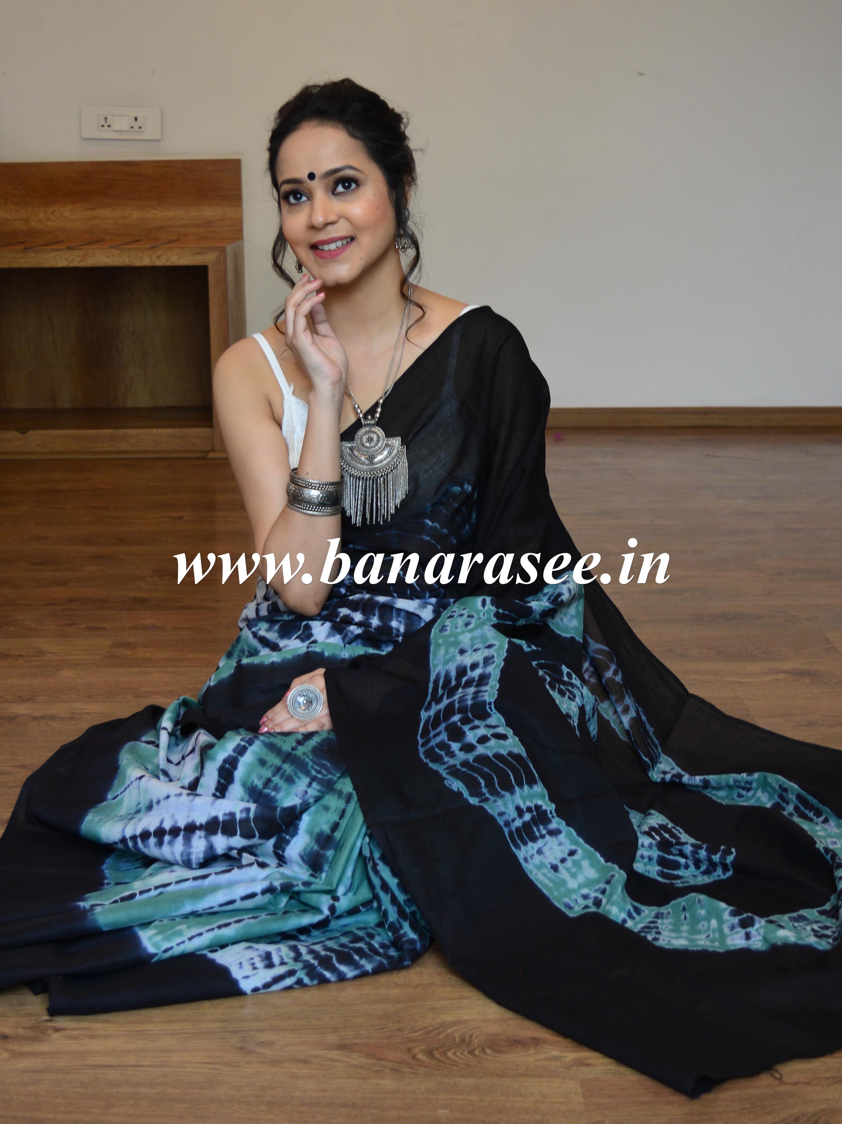 Handloom Linen Cotton Shibori Dyed Saree-Black