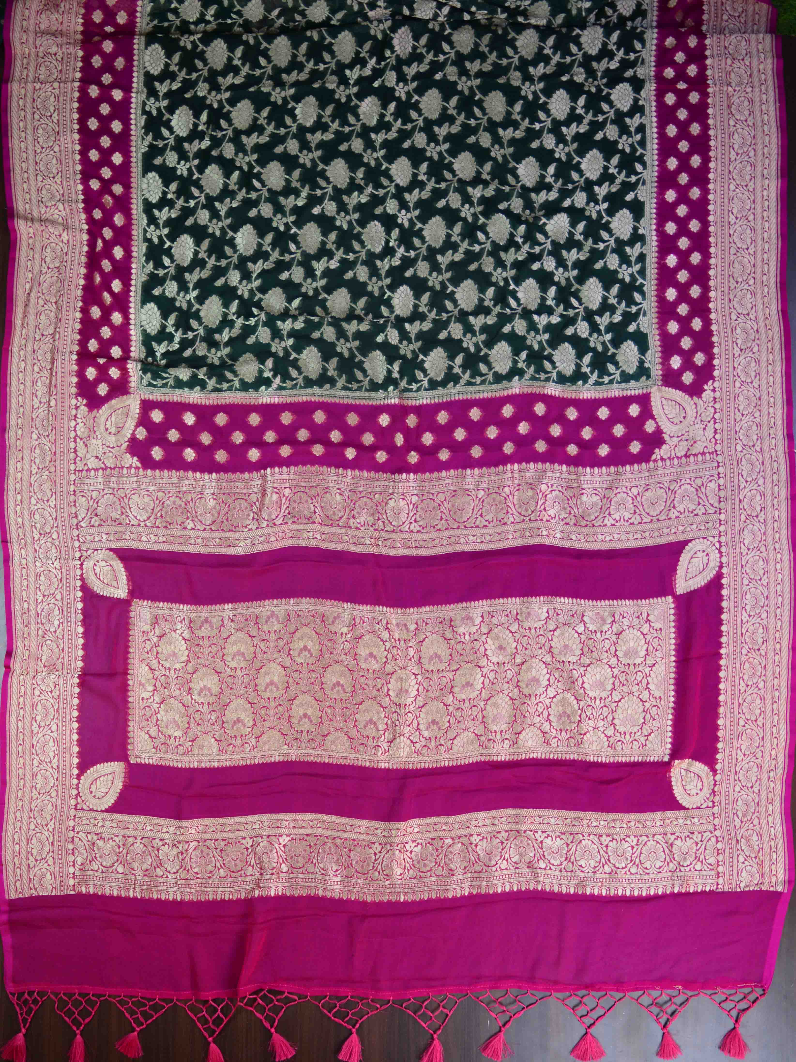 Banarasee Pure Khaddi Chiffon Silk Sari With Buta Design & Contrast Border-Forest Green & Pink