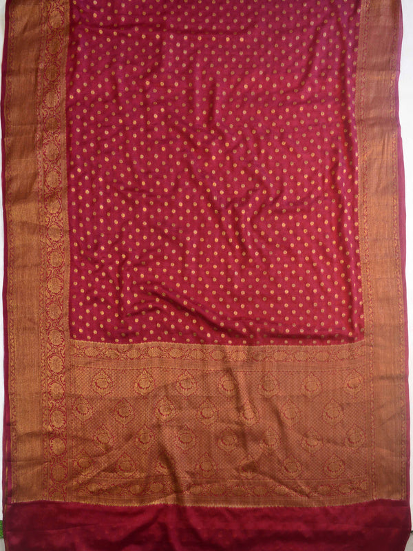 Banarasee Pure Chiffon Saree With Antique Zari Asharfi & Border-Maroon