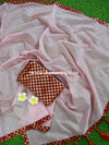 Banarasee Handloom Chanderi Brocade Border Saree With Mirror Work & Brocade Blouse-Pink & Maroon