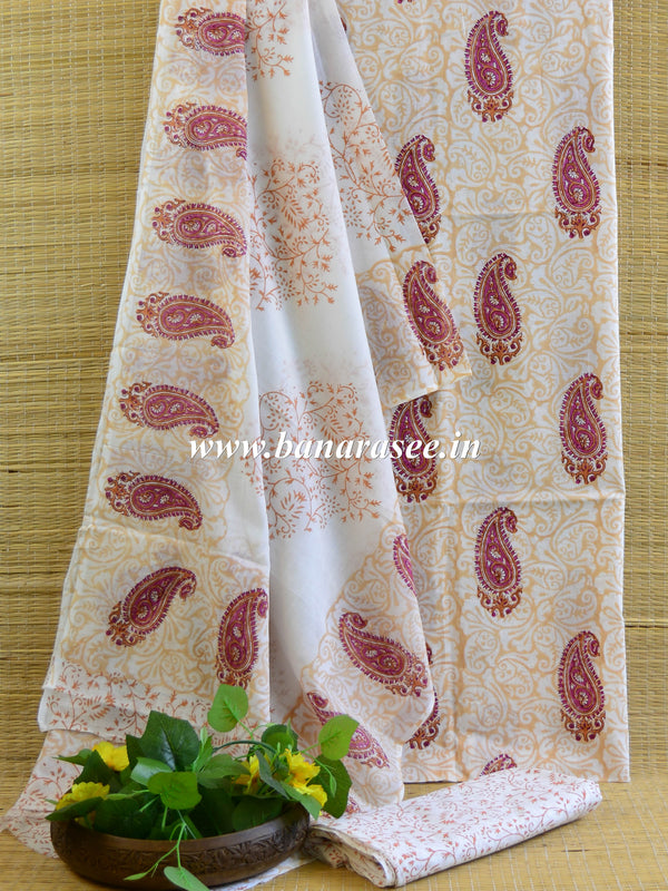 Handloom Mul Cotton Handblock Printed Suit Set-White