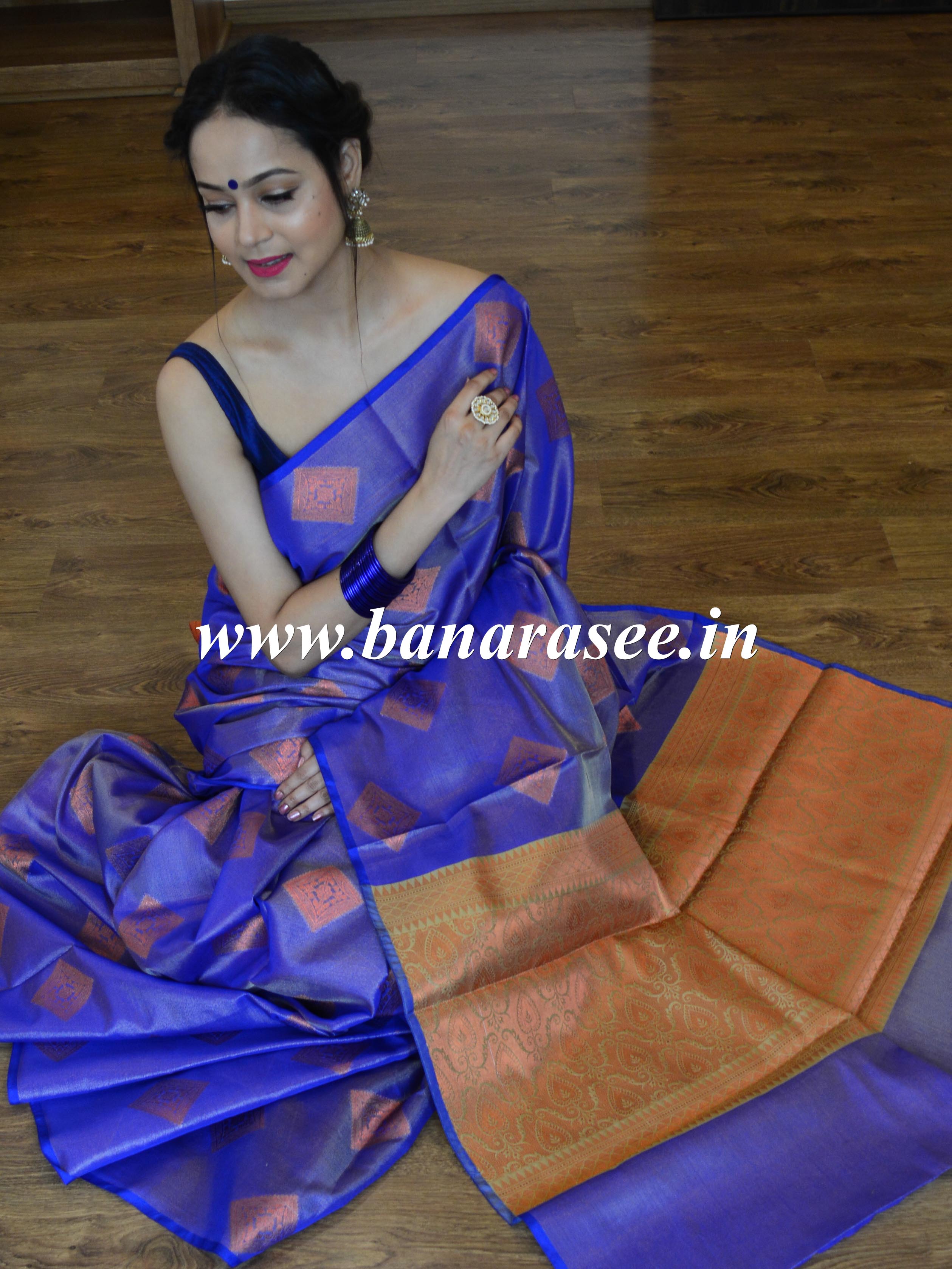 Banarasee Handloom Silk Mix Antique Zari Thin Border Saree-Blue