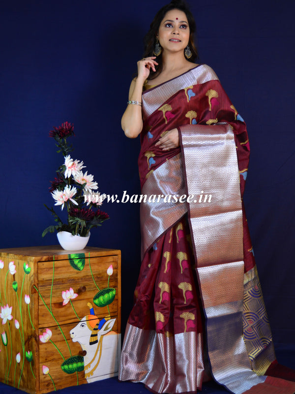 Banarasee Cotton Silk Mix Banswada Sari With Floral Buta & Skirt Border-Maroon