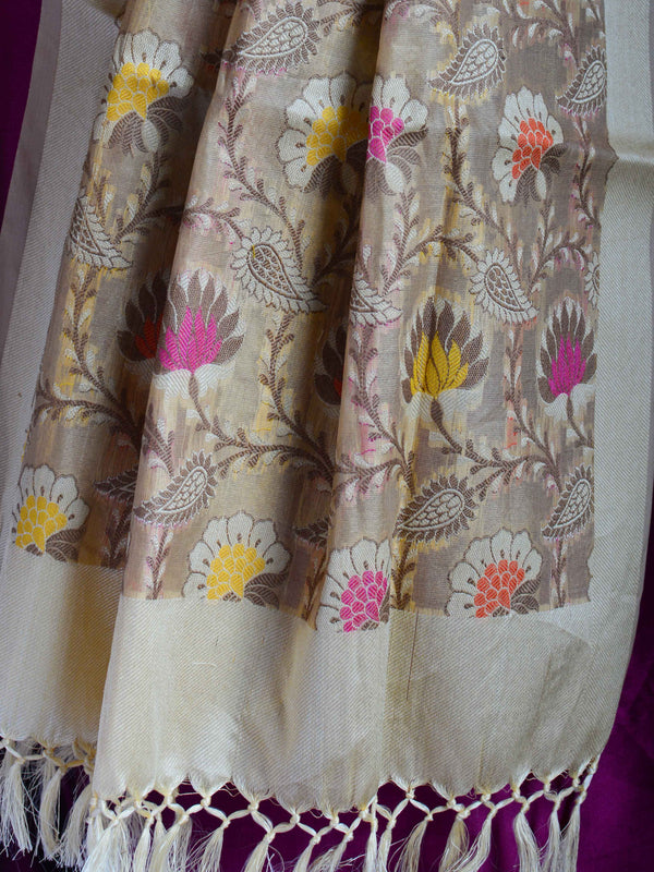Banarasee Cotton Silk Multicolor Resham Work Dupatta-Beige