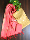 Banarasee Handloom Pure Silk Zari Buti Salwar Kameez Fabric With Dupatta-Beige & Peach