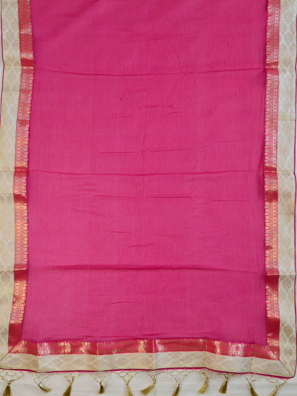 Banarasee Brocade Salwar Kameez Fabric With Chiffon Dupatta-Ivory White & Pink