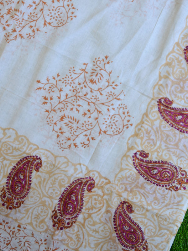 Handloom Mul Cotton Handblock Printed Suit Set-White