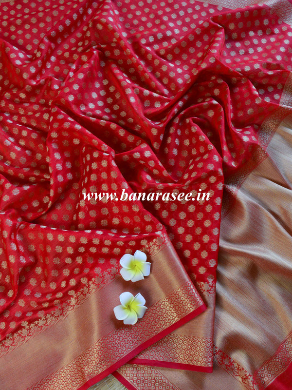 Banarasee Cotton Silk  Saree With Zari Buti & Border-Red