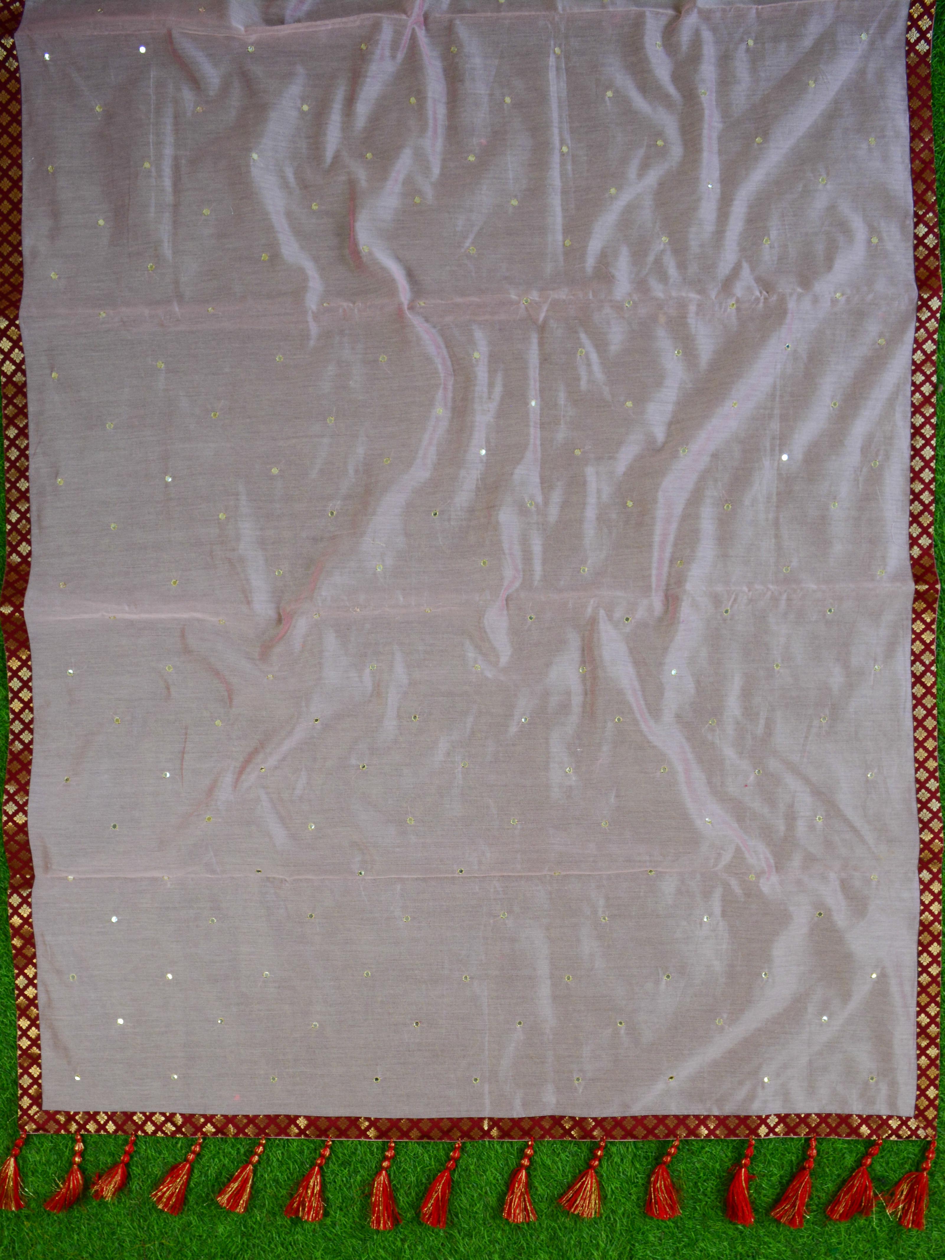 Banarasee Handloom Chanderi Brocade Border Saree With Mirror Work & Brocade Blouse-Pink & Maroon