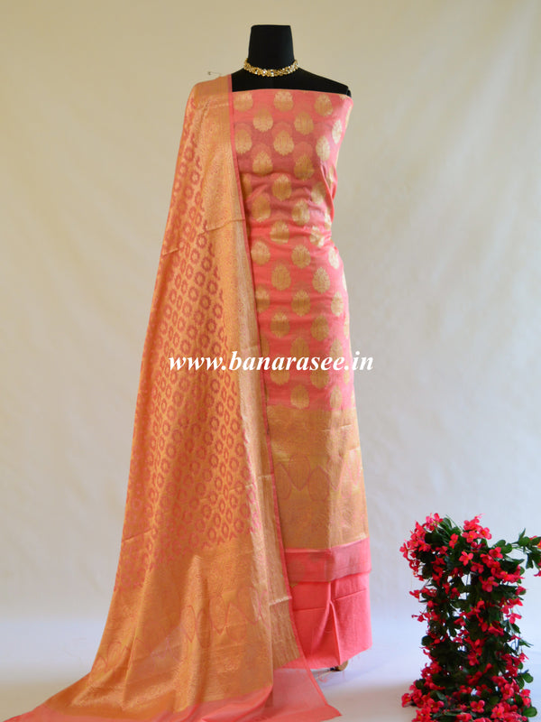 Banarasee Salwar Kameez Cotton Silk Gold Zari Buti Woven Fabric-Peach